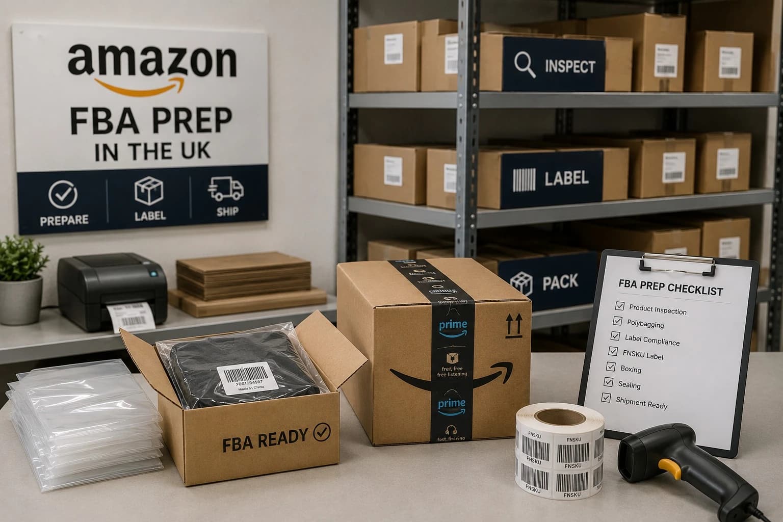 "Amazon FBA Prep in the UK" graphic showing Prepare, Label and Ship steps, an Amazon Prime-taped box marked 'FBA Ready', a roll of FNSKU labels, a barcode scanner and an FBA Prep Checklist clipboard.