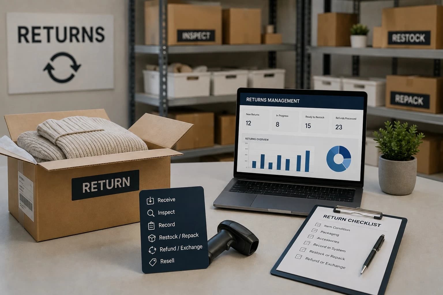 "Returns" graphic showing an opened return parcel with folded clothing, a laptop displaying a Returns Management dashboard, a Receive / Inspect / Record / Restock-Repack / Refund-Exchange / Resell process card, and a Return Checklist clipboard.
