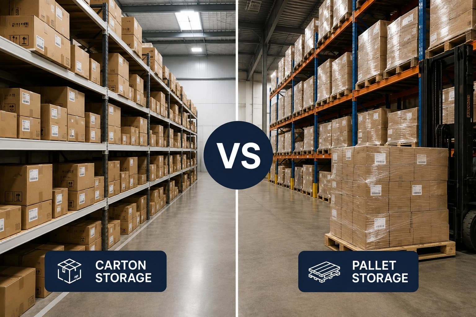 Split warehouse photo comparing 'Carton Storage' (open shelving stacked with small cardboard boxes) versus 'Pallet Storage' (tall racking with shrink-wrapped pallets and a forklift), divided by a 'VS' badge.