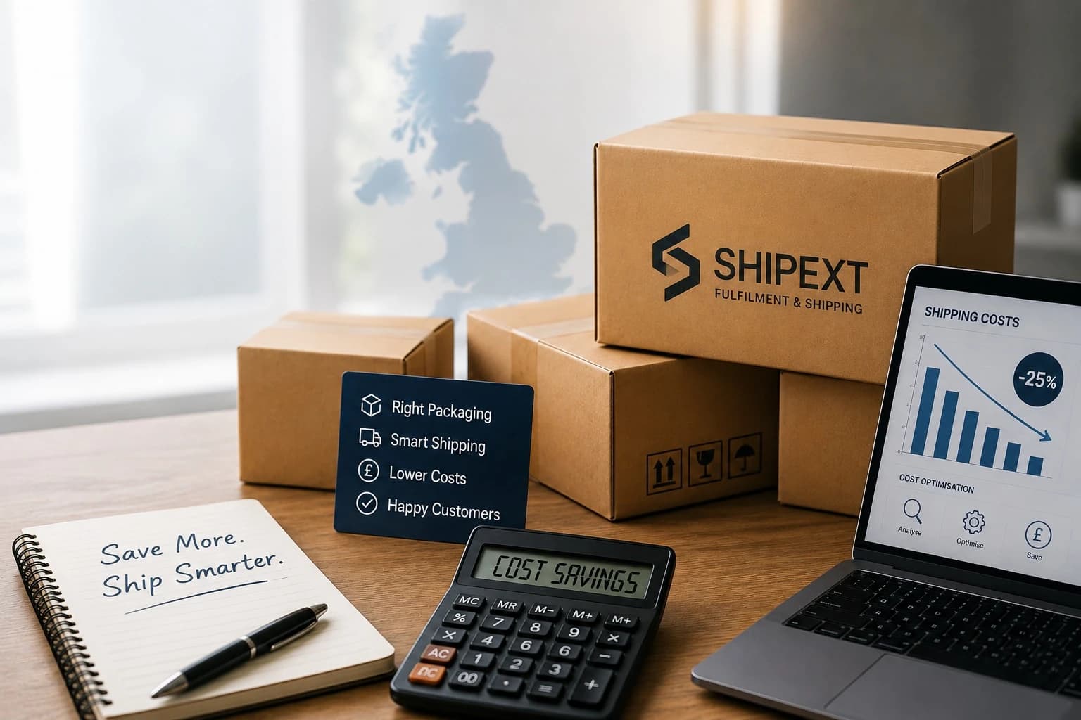 Desk scene with a notepad reading 'Save More. Ship Smarter.', Shipext-branded parcels in front of a UK map outline, a Right Packaging / Smart Shipping / Lower Costs / Happy Customers card, a calculator display reading 'Cost Savings', and a laptop chart showing shipping costs down 25%.